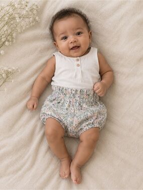 Floral Baby Bloomers - Light Cream with Pink & Green Print 3-6 Months